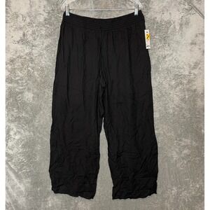 Apt 9 Women Rayon High Rise Smocked Waist Casual Resort Wide Leg Pants 2XL Black